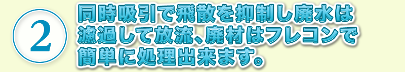 同時吸引で飛散を抑制し廃水は濾過して放流、廃材はフレコンで簡単に処理出来ます。